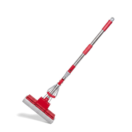 Red roller mop with a grey sponge head and a silver telescopic handle, designed for efficient floor cleaning.