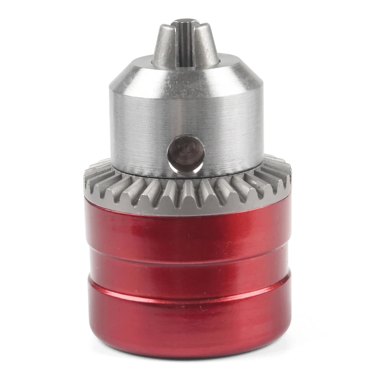 Red and silver 10mm keyed drill chuck with a ribbed collar for power drills, shown upright on a white background.