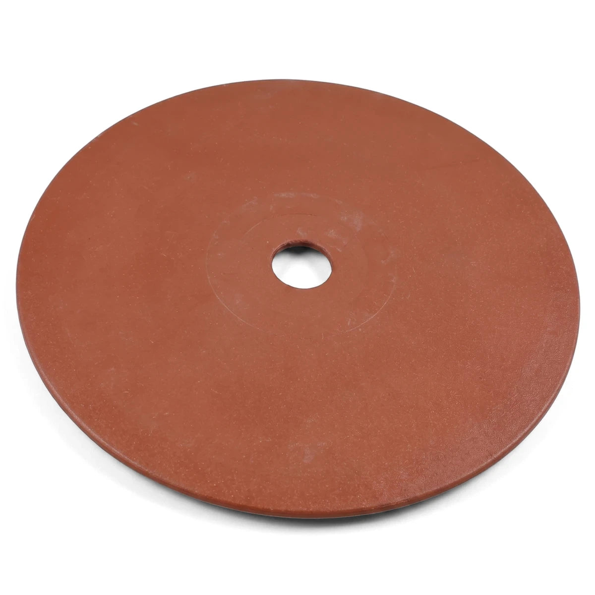 Reddish-brown circular replacement weir deck lid that fits Aqua, with a central hole, displayed on a white background.