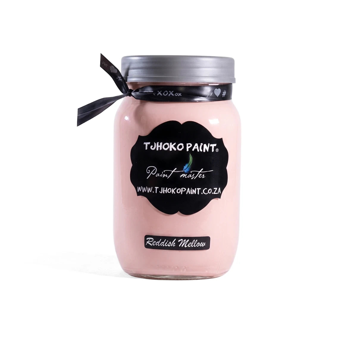 Reddish Mellow 1L Tjhoko light pink chalk paint in a clear glass jar with a black label and silver lid.