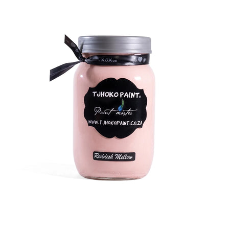 Reddish Mellow 1L Tjhoko light pink chalk paint in a clear glass jar with a black label and silver lid.