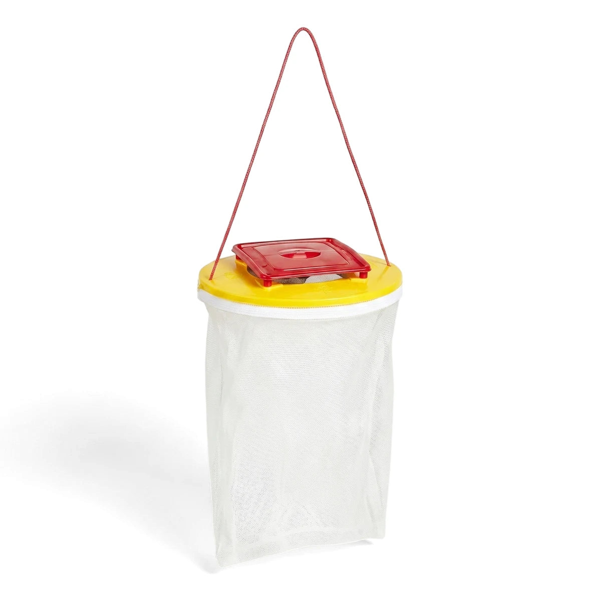 Redtop Trap Disposable Fly Trap with white mesh bag, yellow top, and red lid for insect control.