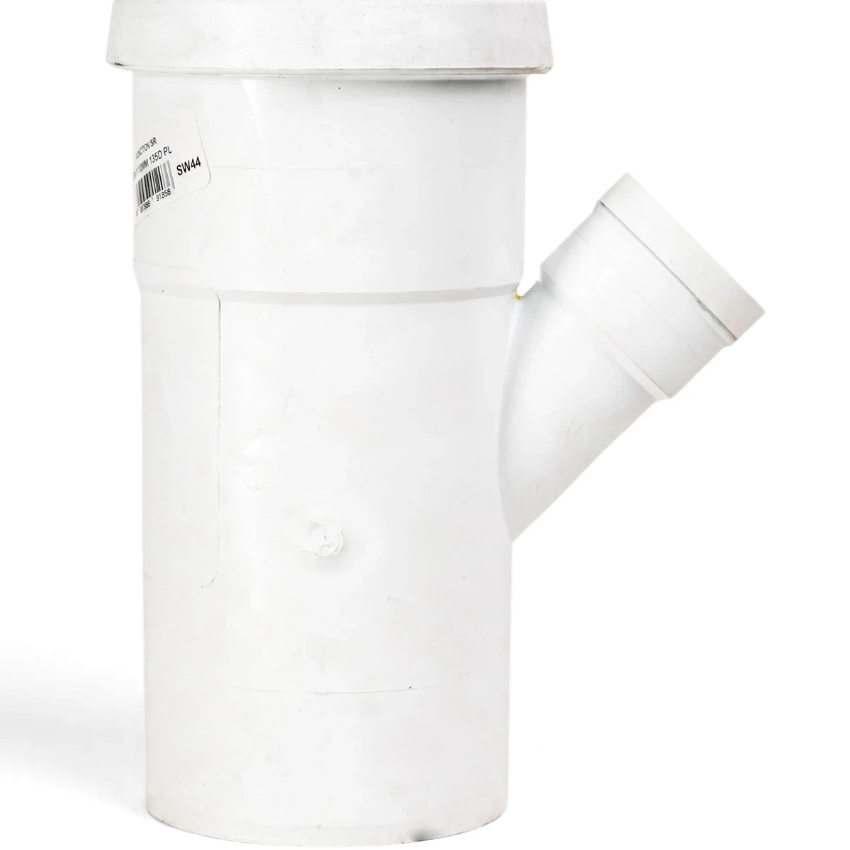 A white PVC reducing single plain junction, 110mm x 50mm x 135-degree, for connecting pipes in plumbing systems.