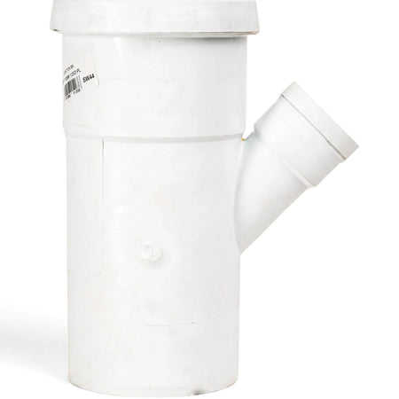 A white PVC reducing single plain junction, 110mm x 50mm x 135-degree, for connecting pipes in plumbing systems.