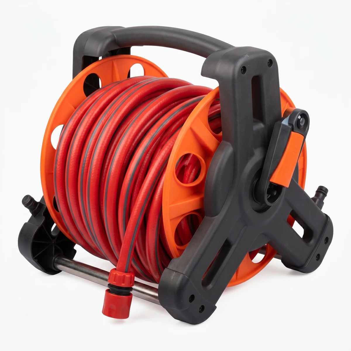 Portable Reely Plus hose reel with a vibrant orange frame, red 20-meter hose, and black fittings, displayed on a clean white