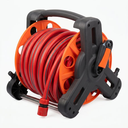 Portable Reely Plus hose reel with a vibrant orange frame, red 20-meter hose, and black fittings, displayed on a clean white