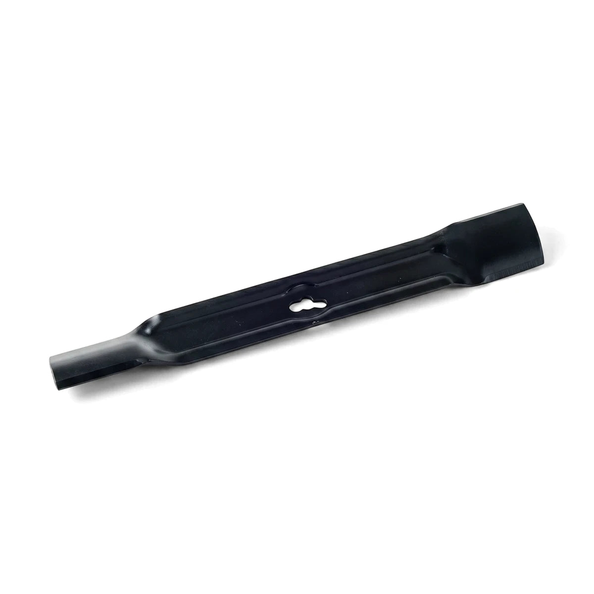 Durable black metal replacement blade for the Rlm-2000 Lawnmower, showcasing its cutting edge and central mounting hole.