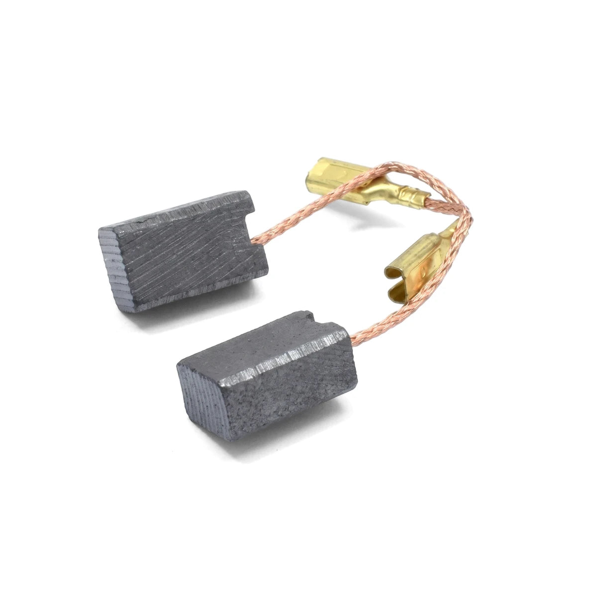 Two grey rectangular replacement carbon brushes for power tools, connected by braided copper wire and golden metal spade