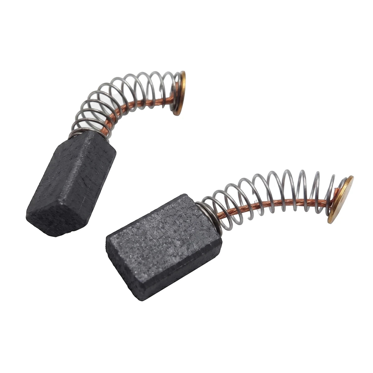 Two dark gray replacement carbon brushes with coiled metal springs and copper-colored ends for an Hg710 tool, viewed from