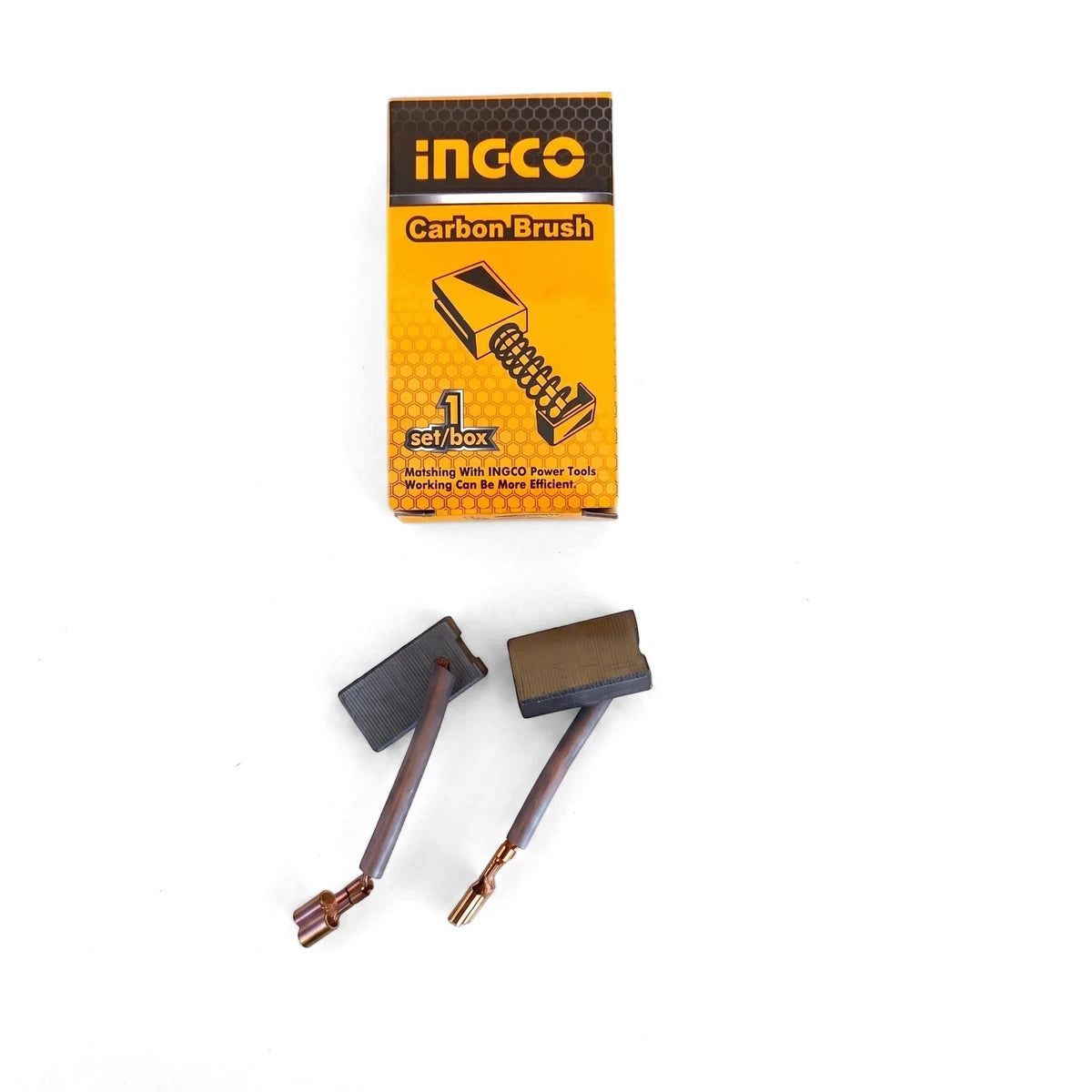 Replacement carbon brushes for 1700W rotary hammer, a two-piece set, displayed with their yellow and black INGCO packaging.