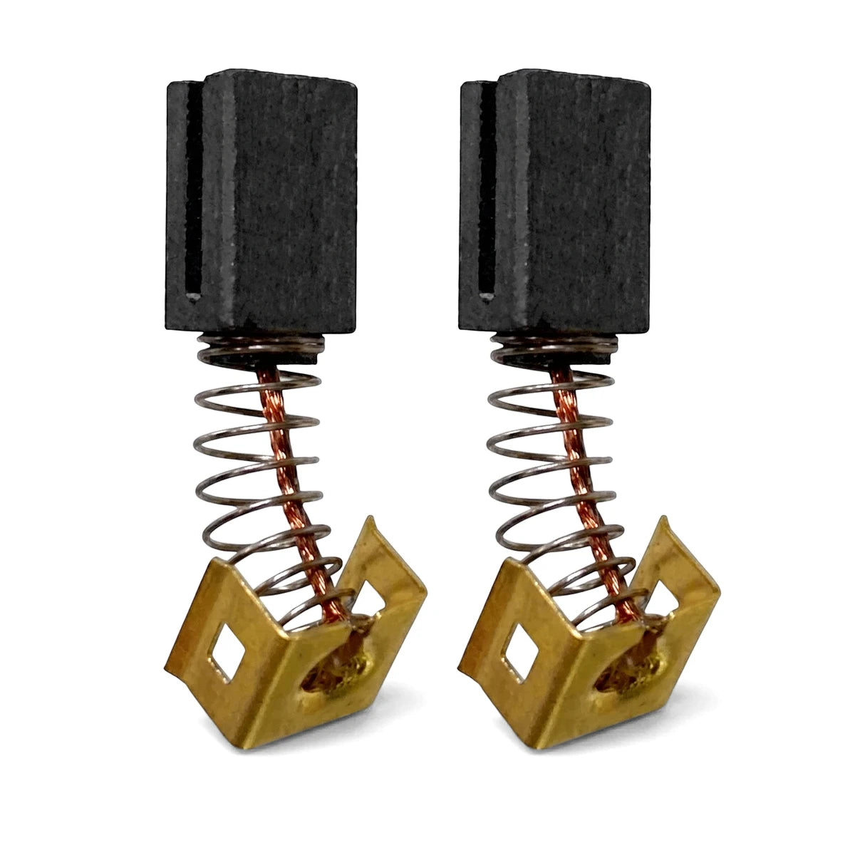 Pair of Replacement Carbon Brushes - Cg-115 with black carbon blocks, metallic springs, and brass holders, viewed frontally.