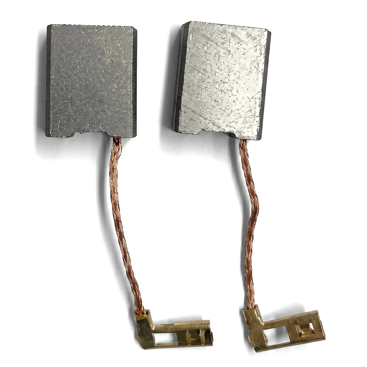 Pair of Replacement Carbon Brushes G-2330/60 with metallic blocks, braided copper wires, and brass connectors.