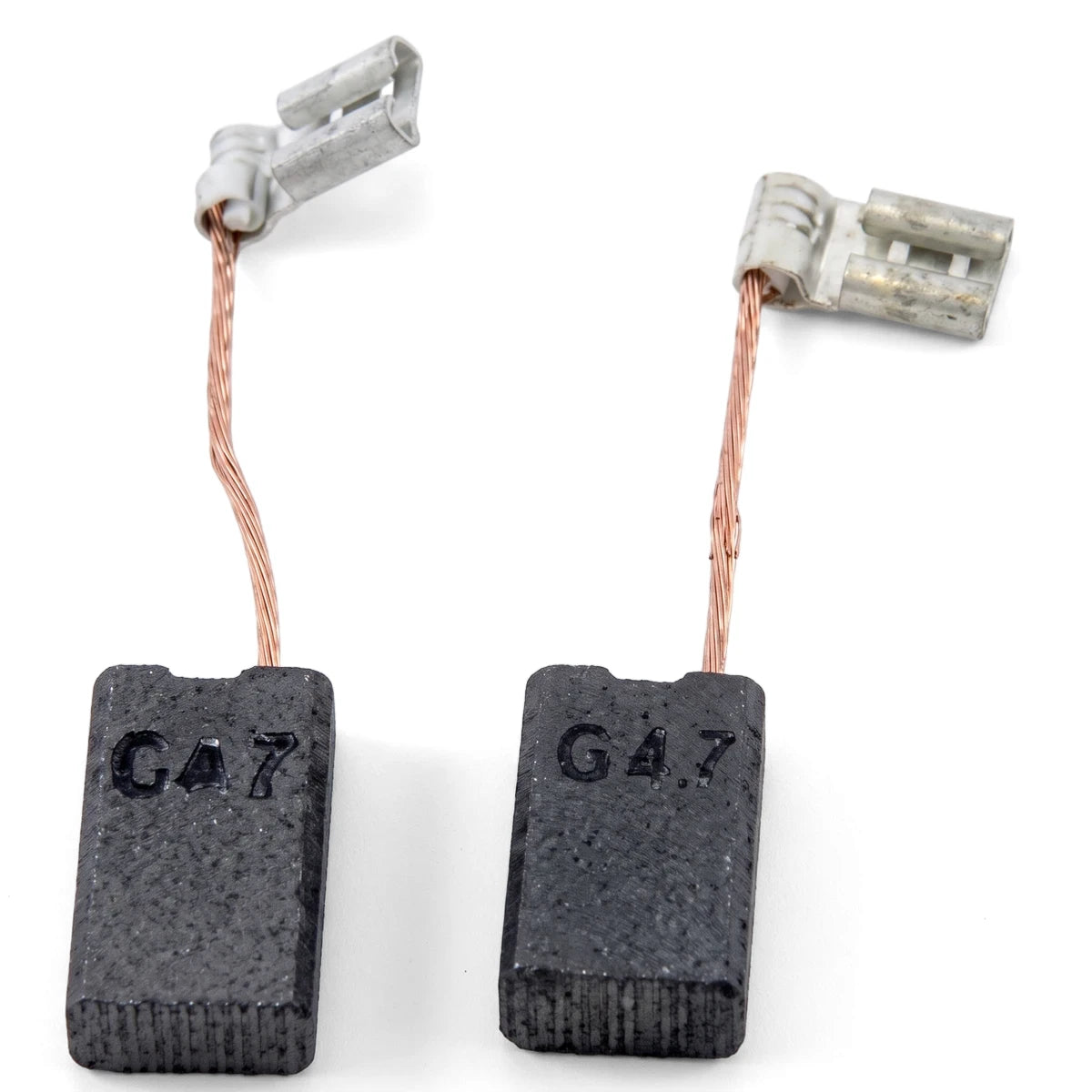 Two black rectangular replacement carbon brushes, model Hs-335, with attached copper wires and white connectors.