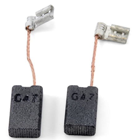 Two black rectangular replacement carbon brushes, model Hs-335, with attached copper wires and white connectors.