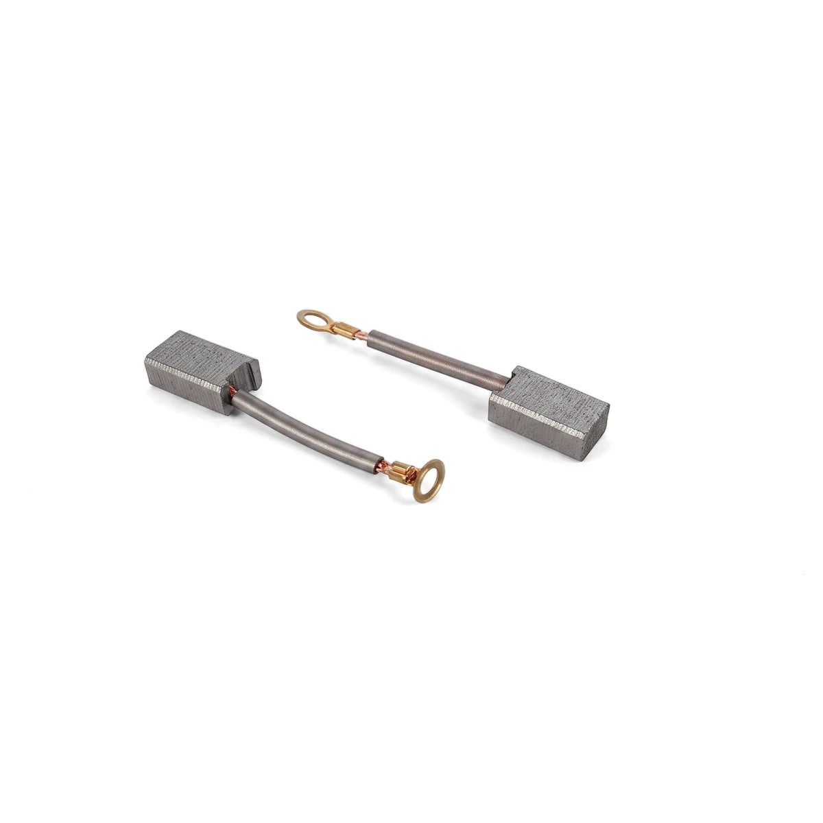 Two replacement carbon brushes with gray rectangular carbon blocks, metallic braided wires, and gold-colored ring terminals,