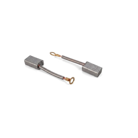 Two replacement carbon brushes with gray rectangular carbon blocks, metallic braided wires, and gold-colored ring terminals,