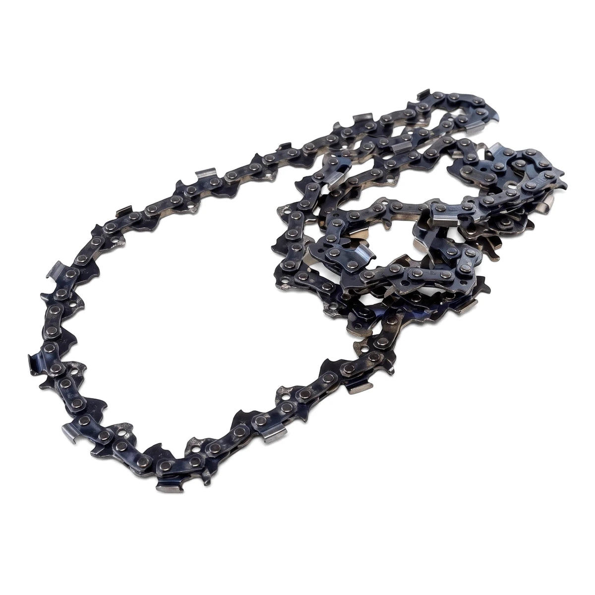 Dark metal 72-link replacement chainsaw chain coiled on a white background, suitable for 455mm/460mm bars.