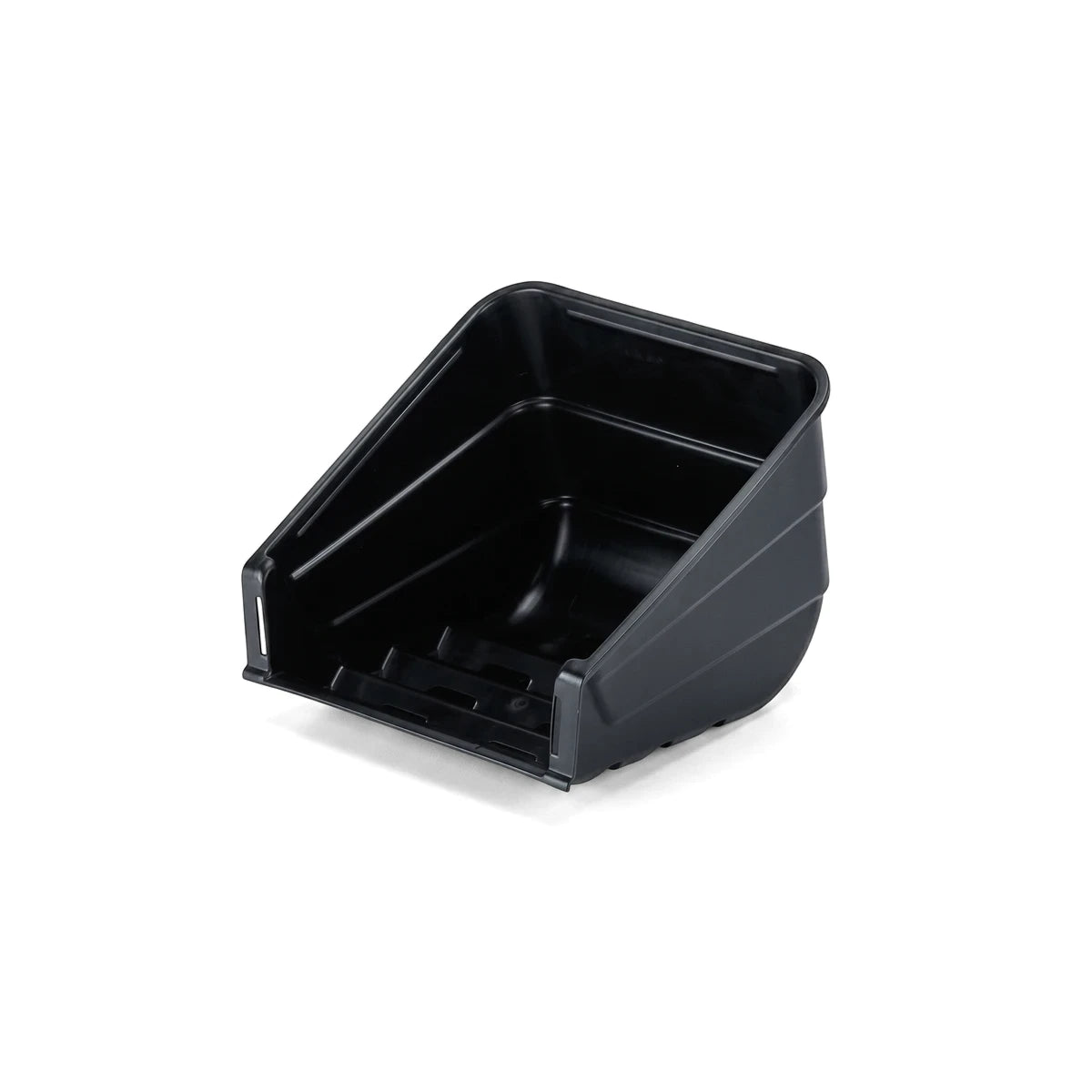 Black plastic replacement grass box for Lscm 38-5, designed for lawnmowers, shown from an angled perspective.