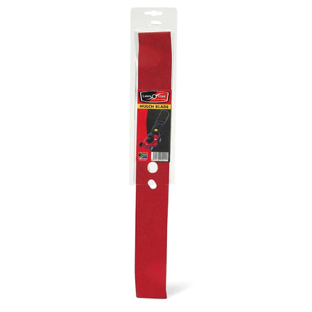 Replacement Mulching Blade for Lsq & Pro 48, a long red metal blade in clear retail packaging, displayed vertically.