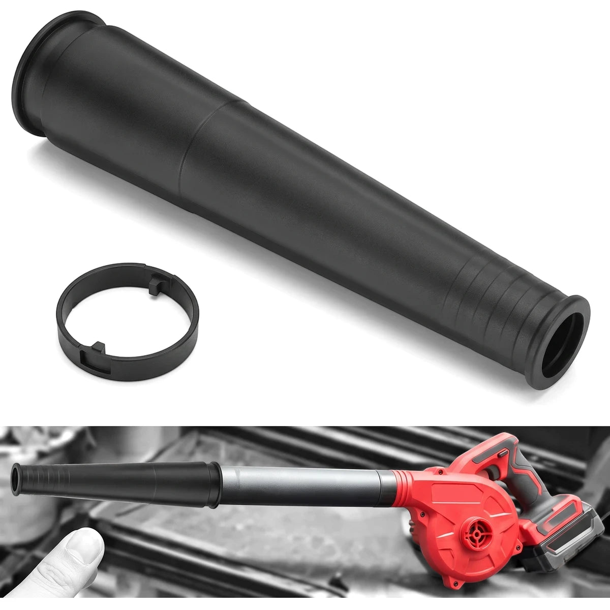 Black tapered replacement nozzle for blower vacuum, with a retaining ring, shown installed on a blower.