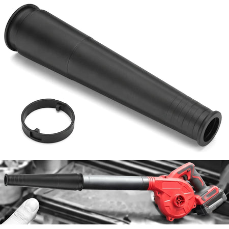 Black tapered replacement nozzle for blower vacuum, with a retaining ring, shown installed on a blower.