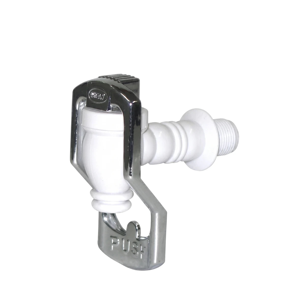 Replacement tap for 14L mineral pot, featuring a white plastic body and a chrome push-lever dispenser.