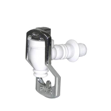 Replacement tap for 14L mineral pot, featuring a white plastic body and a chrome push-lever dispenser.