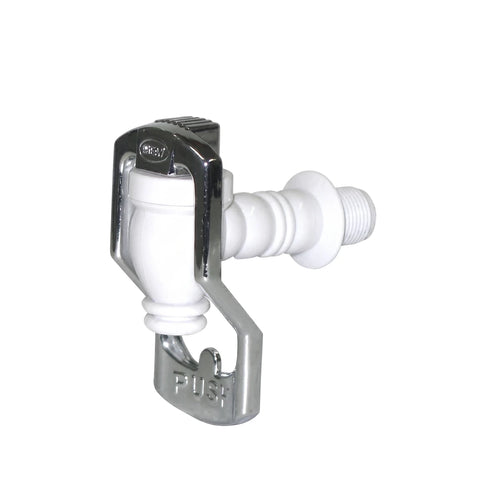 Replacement tap for 14L mineral pot, featuring a white plastic body and a chrome push-lever dispenser.