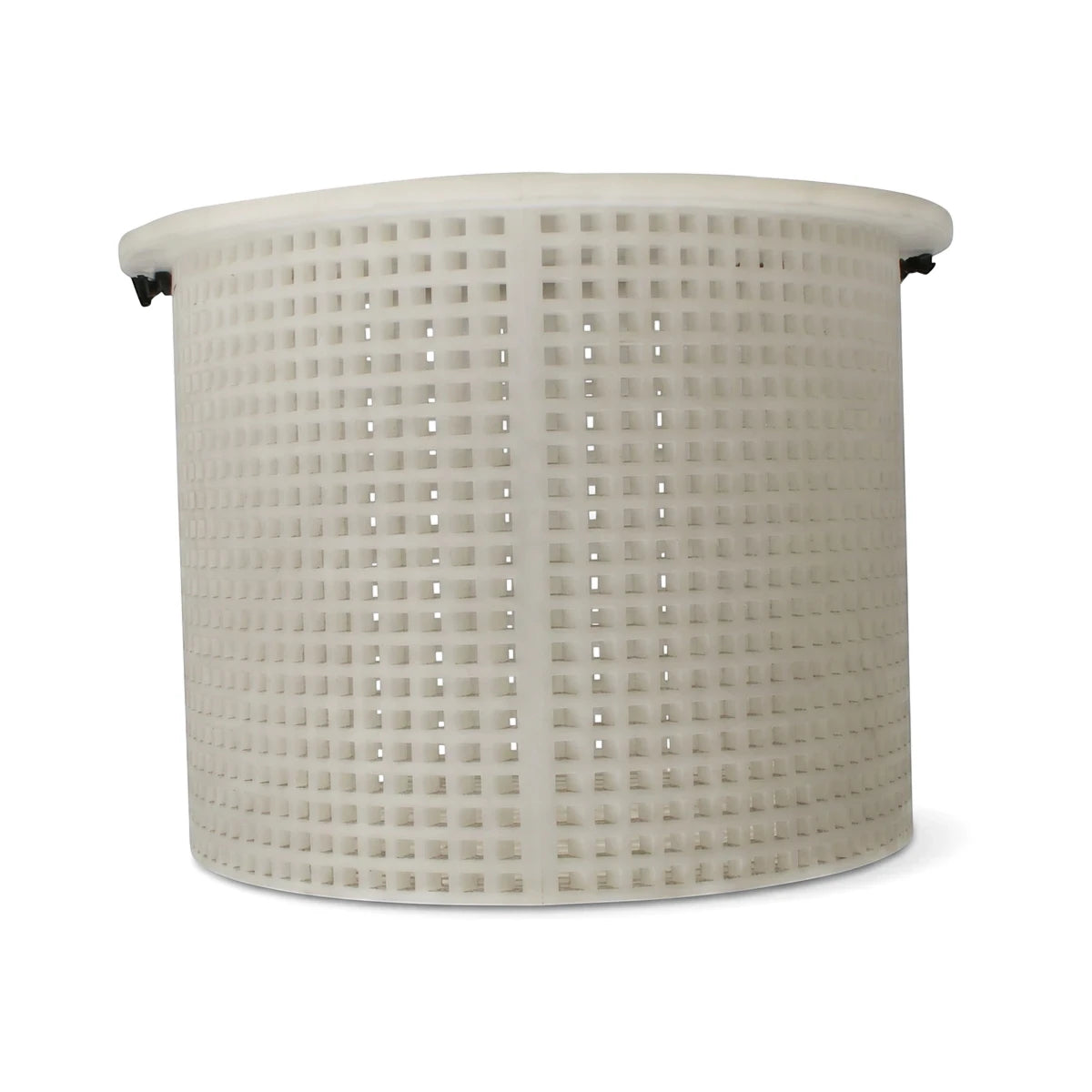 White cylindrical perforated plastic replacement weir basket for pools, designed to fit Poolquip systems.