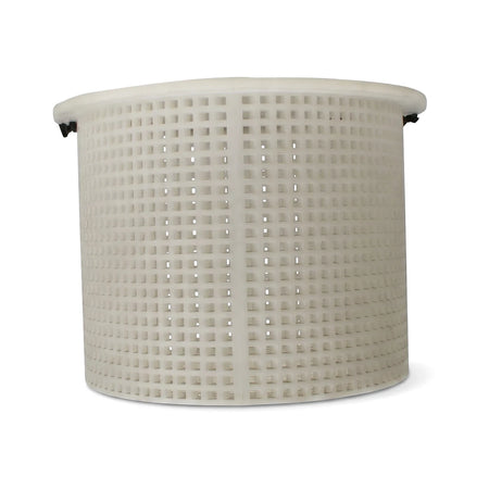 White cylindrical perforated plastic replacement weir basket for pools, designed to fit Poolquip systems.