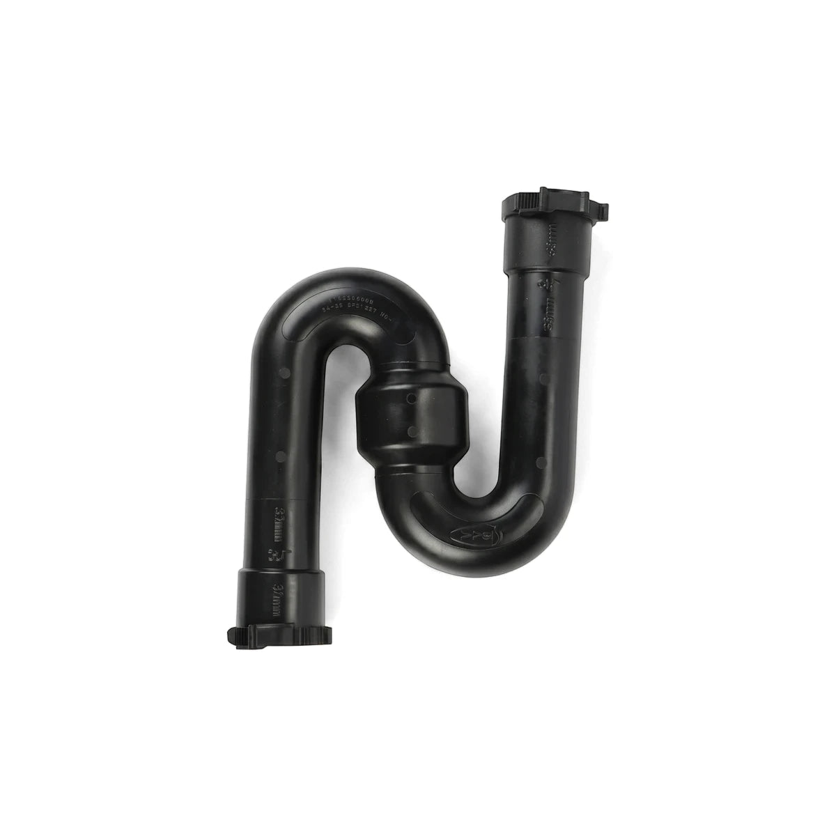 Black plastic Reseal S-Trap plumbing fitting, 32mm X 40mm, shown from a straight-on view.