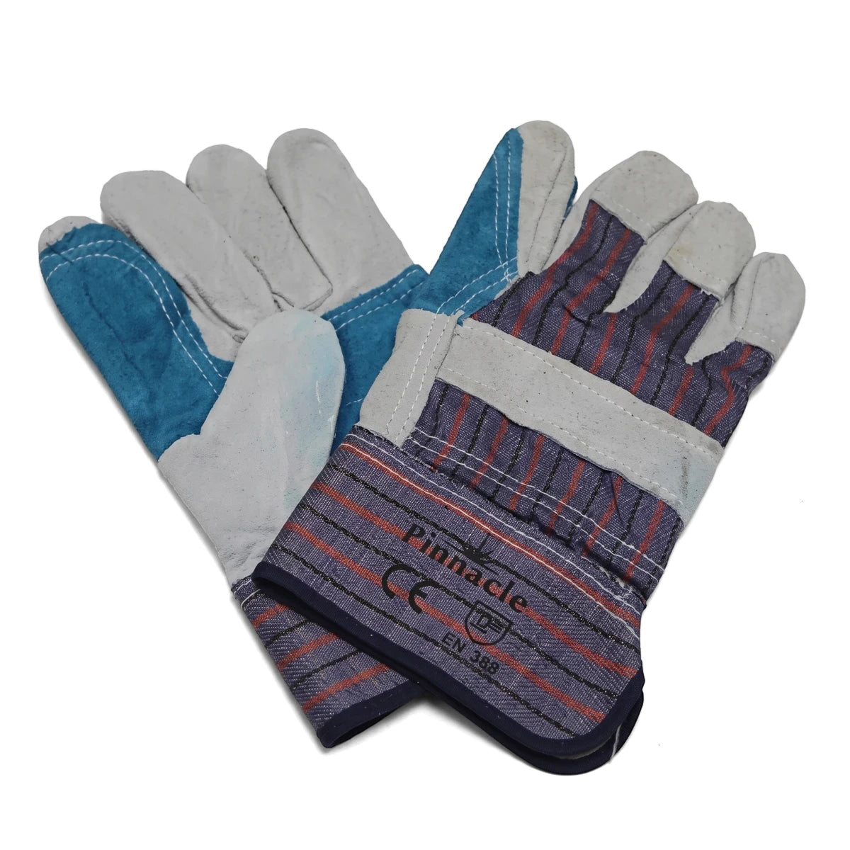 Pair of Retailpack Candy Strip work gloves featuring blue leather and gray striped fabric with red lines.