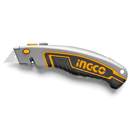 Retractable Utility Knife 61mm x 19mm with 6 blades, featuring a grey and black handle with orange accents.
