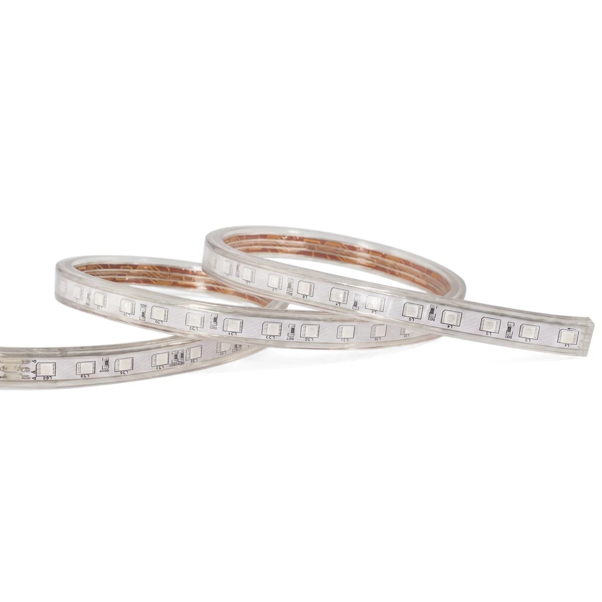 Flexible RGB SMD LED strip light, 13mm by 8mm, featuring individual white LEDs, displayed coiled on a white background.