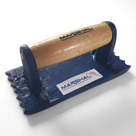 Rheeder 150mm six groove grano jointer trowel with a blue metal base and a wooden handle, angled view.
