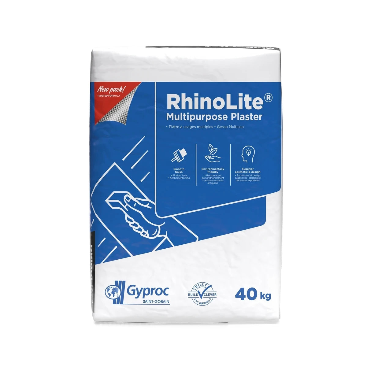 Rhino Lite Multipurpose Plaster 40kg bag, white and blue packaging, with 'New pack!' label and product features.