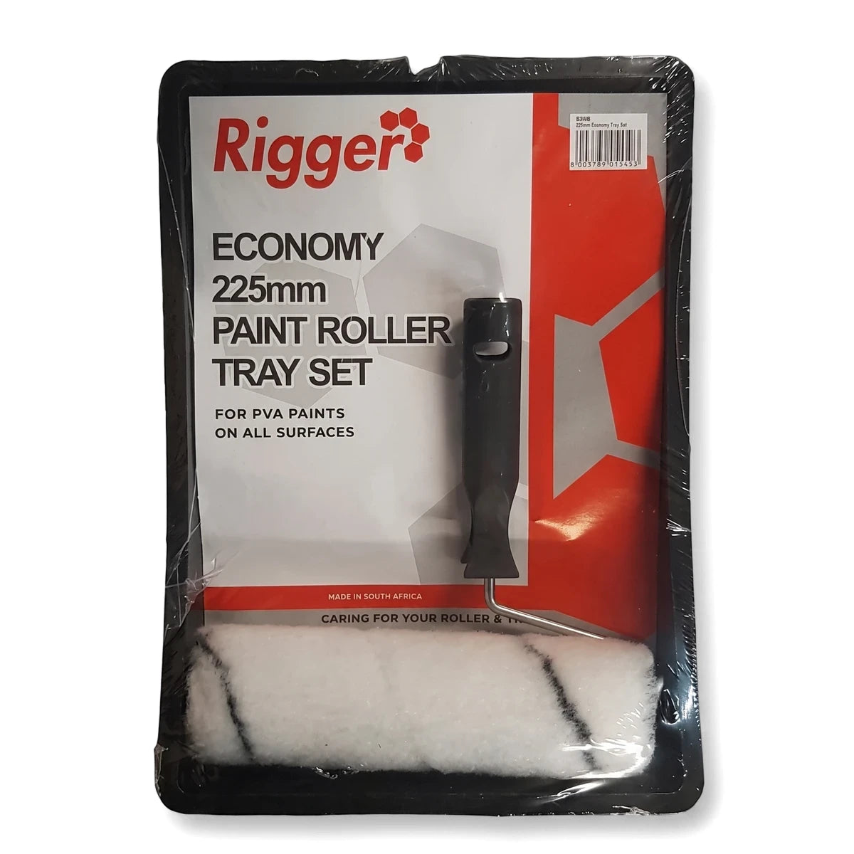Rigger Economy 225mm paint roller tray set in clear plastic packaging, featuring a black handle and white roller with black