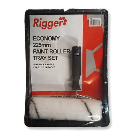 Rigger Economy 225mm paint roller tray set in clear plastic packaging, featuring a black handle and white roller with black