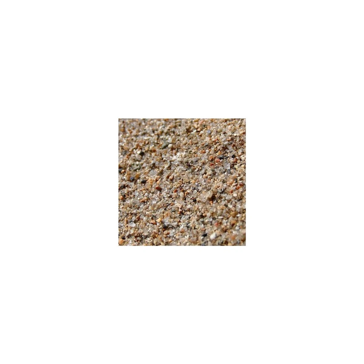 Close-up of river sand, showcasing its fine, granular texture and natural beige, brown, and grey tones, suitable for