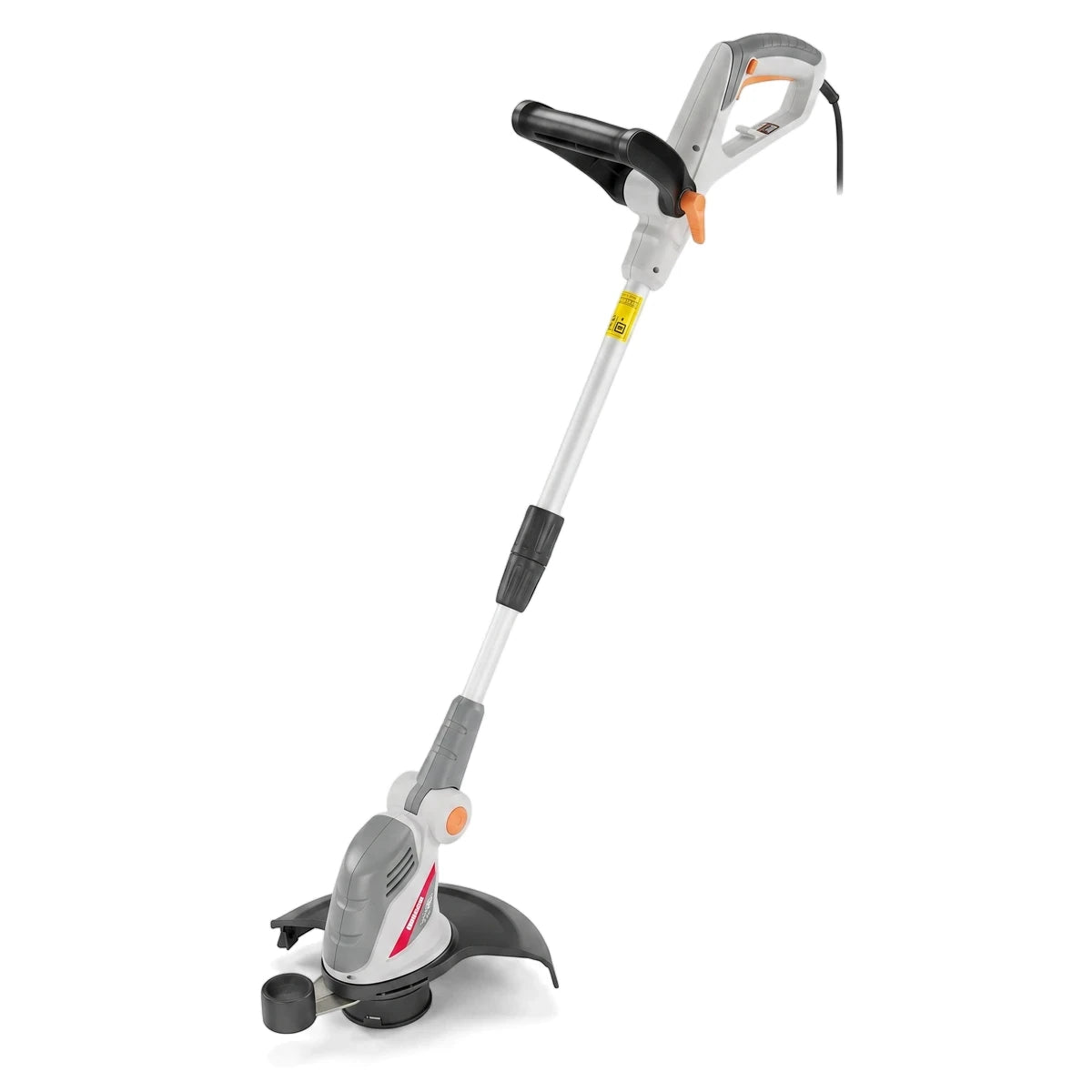 Gray and white Rlt Series 500W Electric Line Trimmer with orange accents, standing upright on a white background.