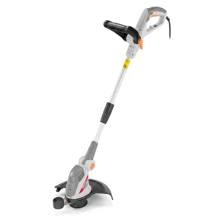 Gray and white Rlt Series 500W Electric Line Trimmer with orange accents, standing upright on a white background.