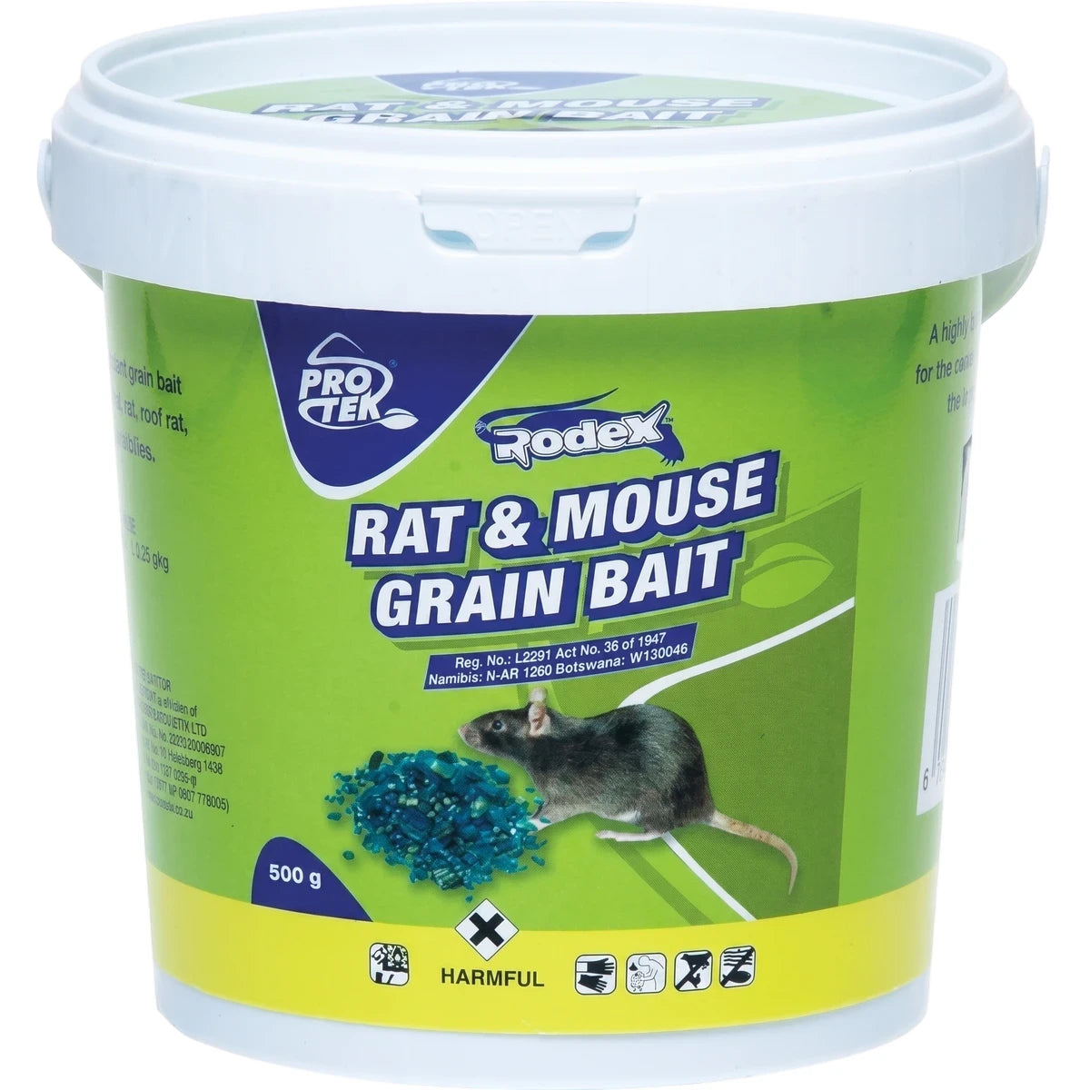Rodex Rat & Mouse Grain Bait 500g in a green bucket with a white lid, designed for rodent control.