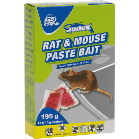 Rodex Rat & Mouse Paste Bait 195g box. Green and blue packaging with a rat illustration for rodent control.