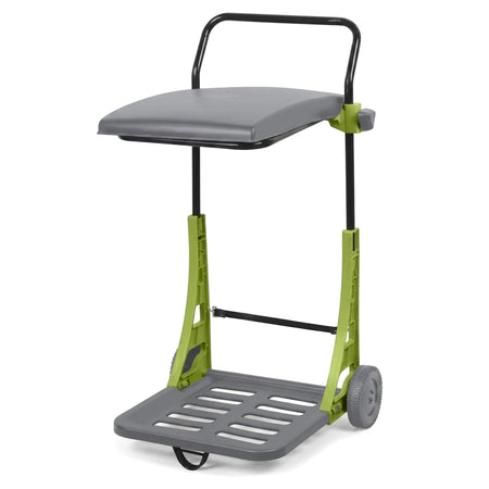 Rolling garden cart with a gray lid, green plastic supports, and a gray slatted tray, shown on a white background.