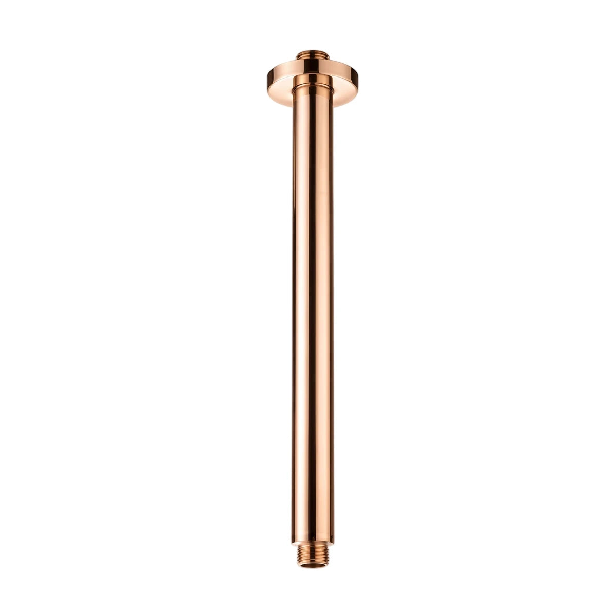 Rose gold 300mm round shower arm for ceiling mount, showcasing its sleek metallic finish and plumbing connection.