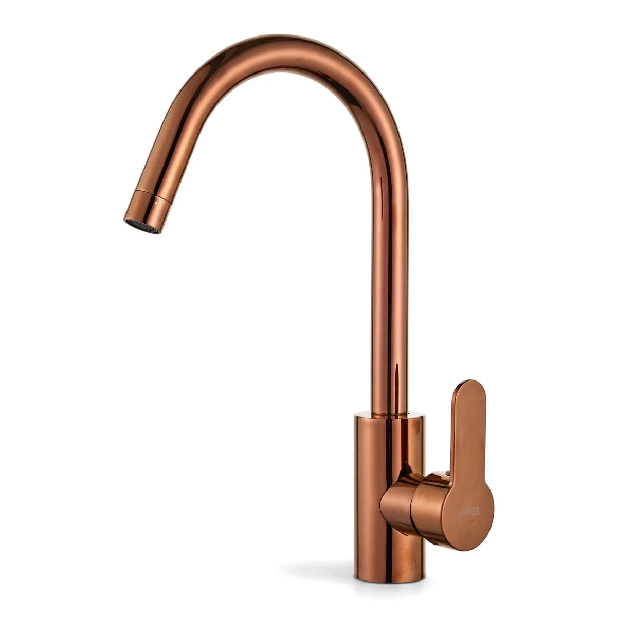 Modern rose gold basin mixer faucet with a curved spout and single lever handle, shown on a white background.