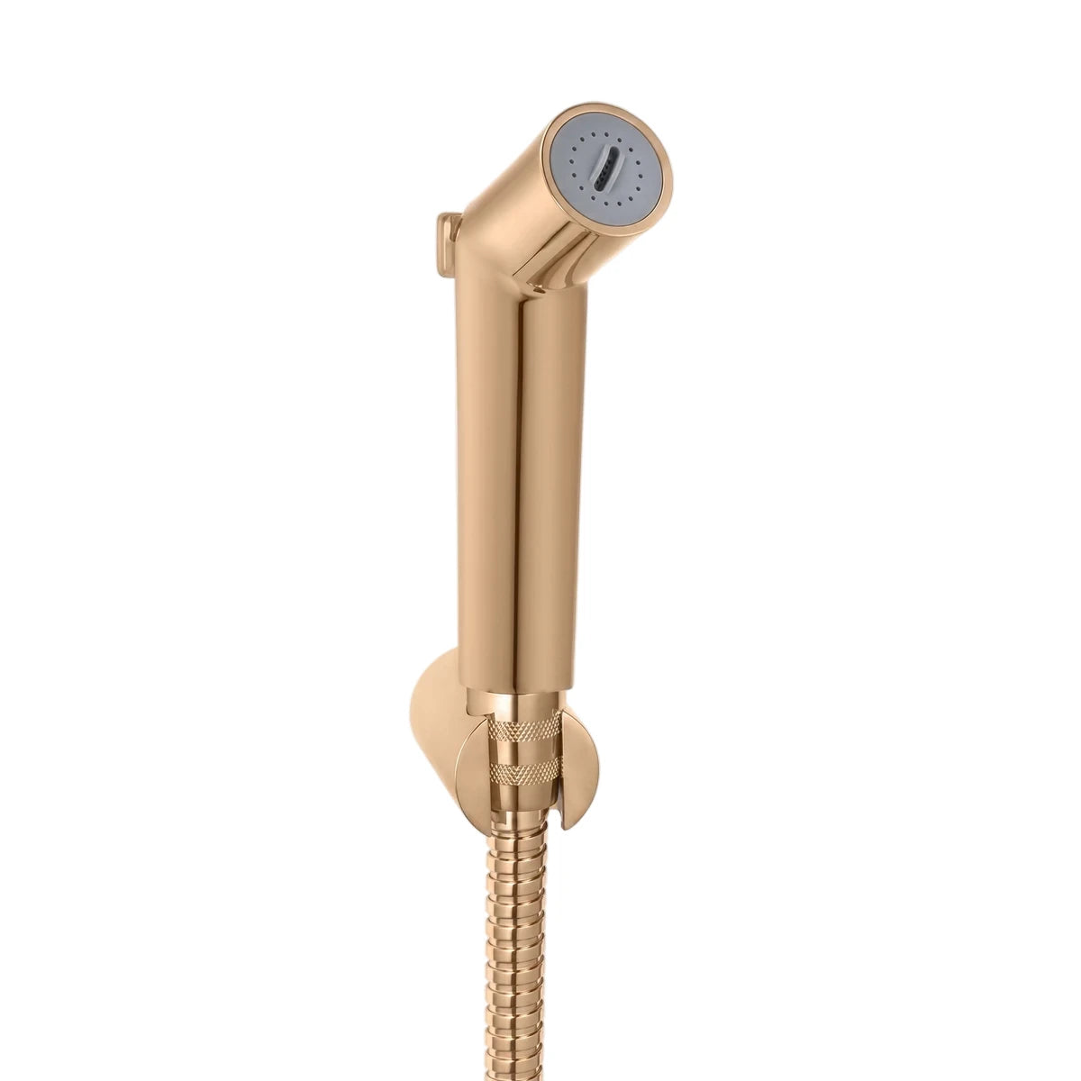 Rose gold bidet set and shower parts featuring a metallic sprayer with an angled nozzle and a flexible coiled hose.