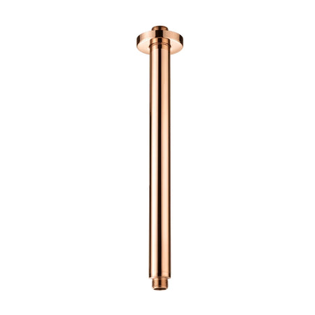 Rose gold ceiling mount shower arm, a sleek metal plumbing fixture for modern bathrooms and showers.