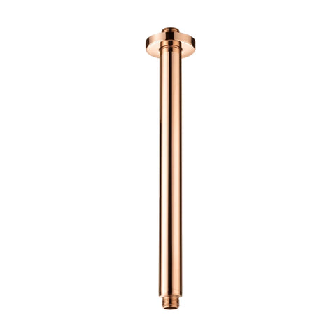 Rose gold ceiling mount shower arm, a sleek metal plumbing fixture for modern bathrooms and showers.