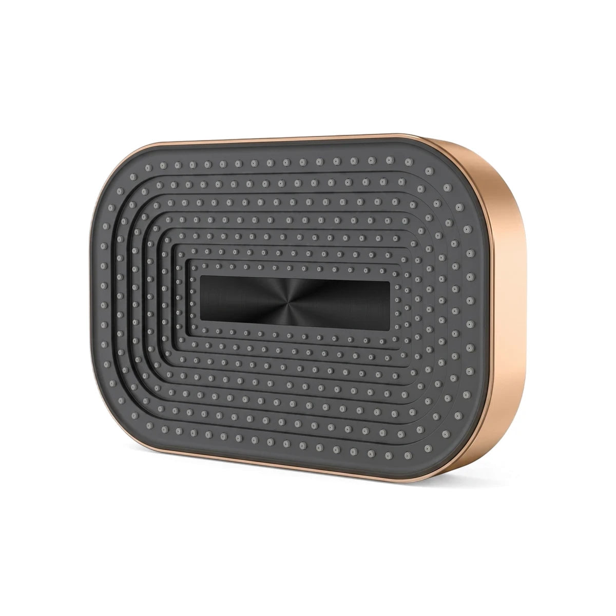 Modern rose gold and dark gray rectangular shower head, 325x200x40mm, featuring a sleek design with perforated spray nozzles.